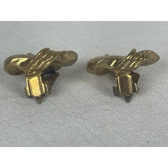 Vintage Gold Tone Twisted Knot Chunky Clip Earrings Textured Ribbed 80s 90s - Picture 3 of 6